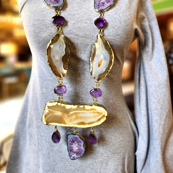 Handcrafted Amethyst, Agate Statement Necklace - Only one available. Unisex - Picture 3 of 16